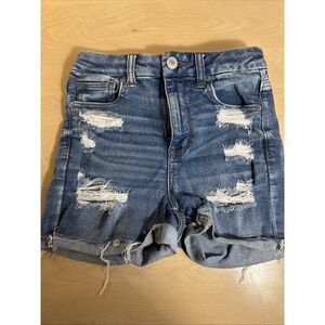 American Eagle Next Level Stretch Hi-Rise Shortie Distressed Denim Shorts Sz 4